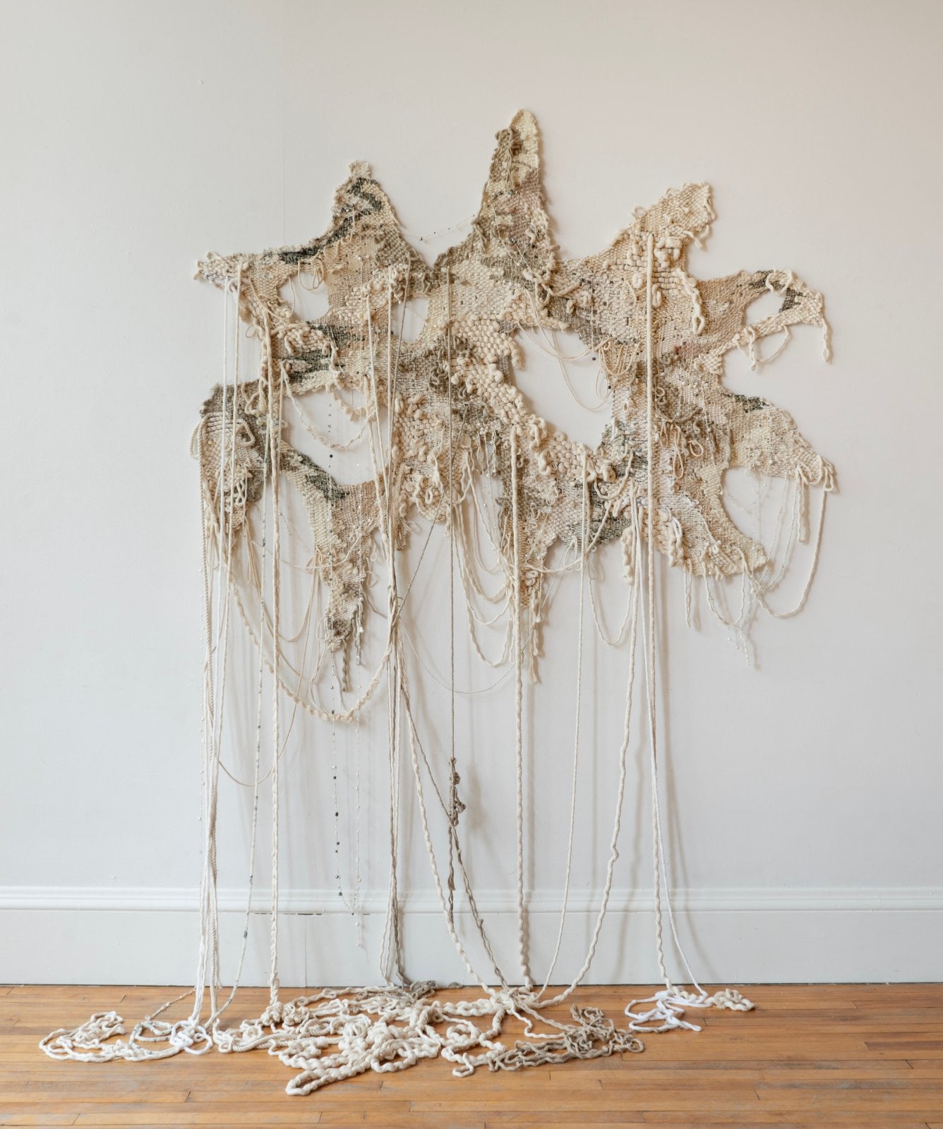 Nuance of Connection Hand-spun wool, rope, cotton, linen, silk, acrylic, beads 64” by 88” 2024