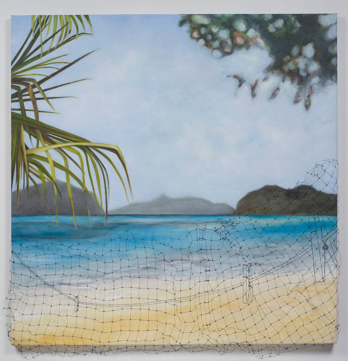 Enredado, oil on canvas with plastic netting 49"Hx46"Wx18"D
