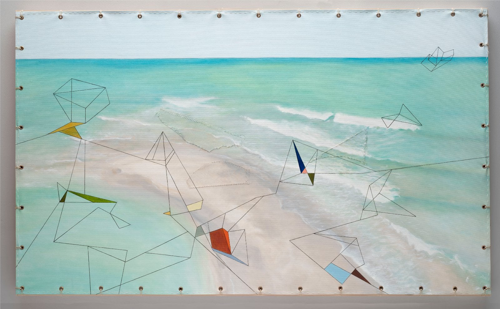 Perspectives, oil on canvas with metal grommets and hemp string, 36"x59"