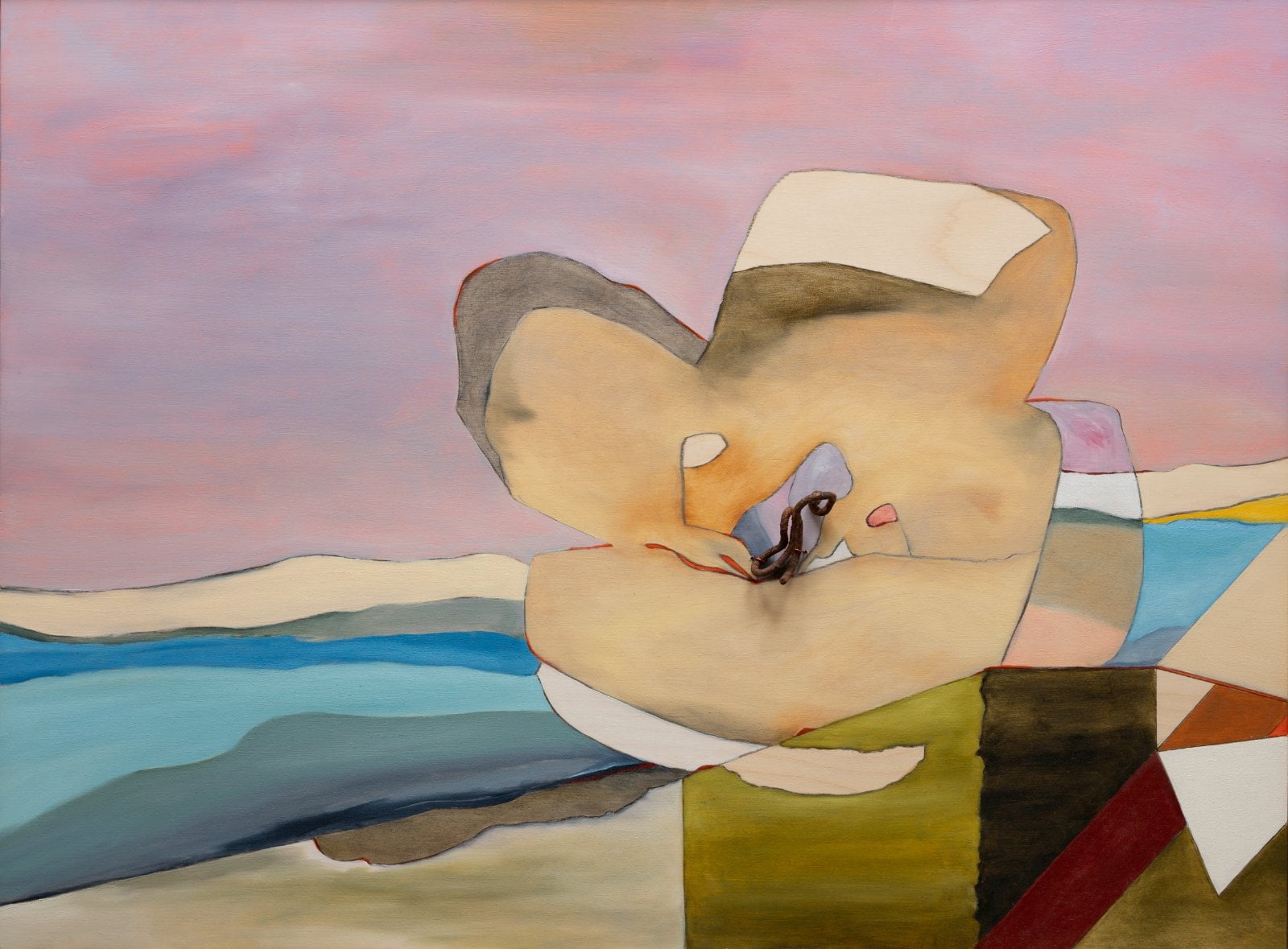 En flor, oil and found metal object on wood panel, 16"x20"