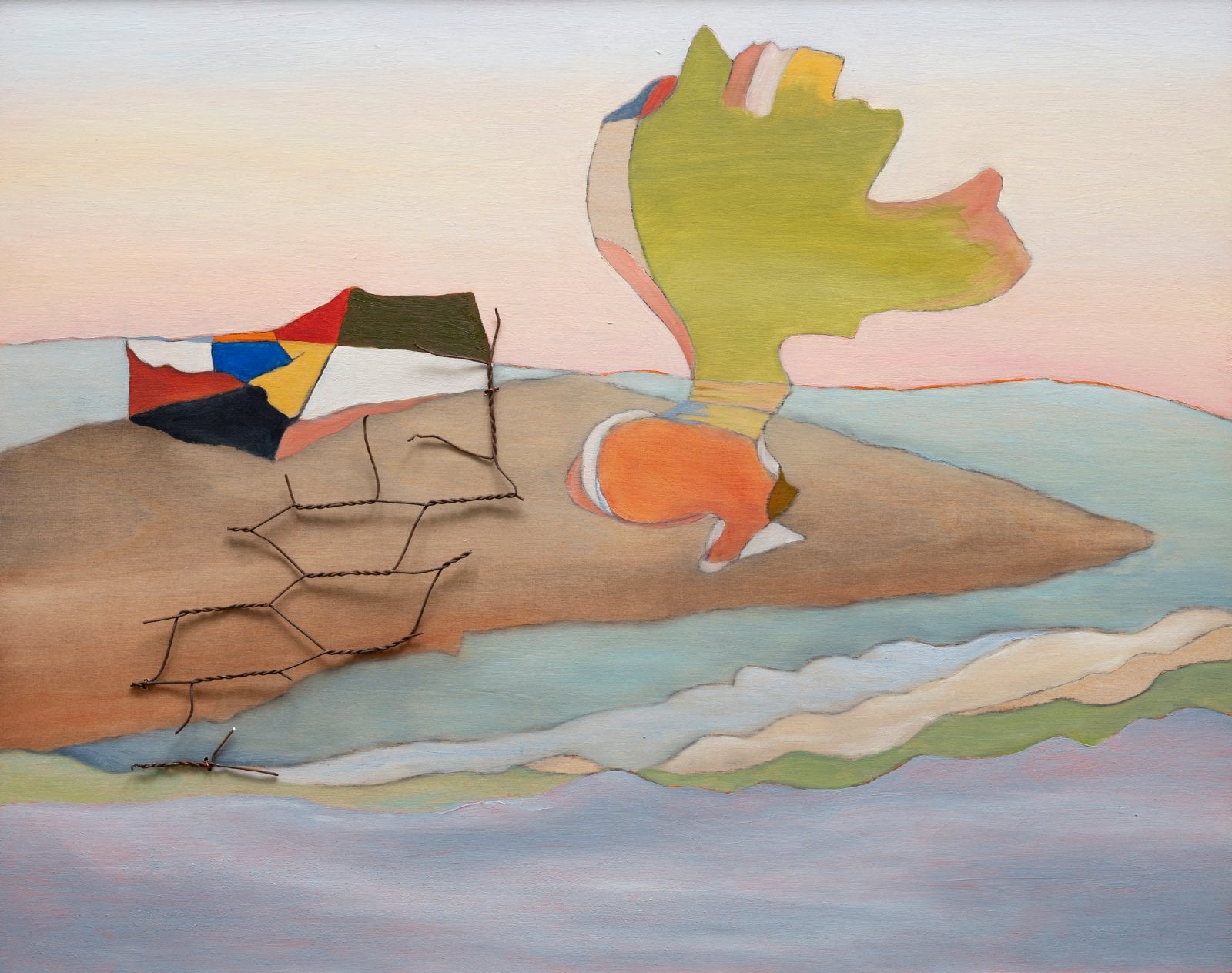 La isla, oil and found metal object on wood panel, 16"x20"