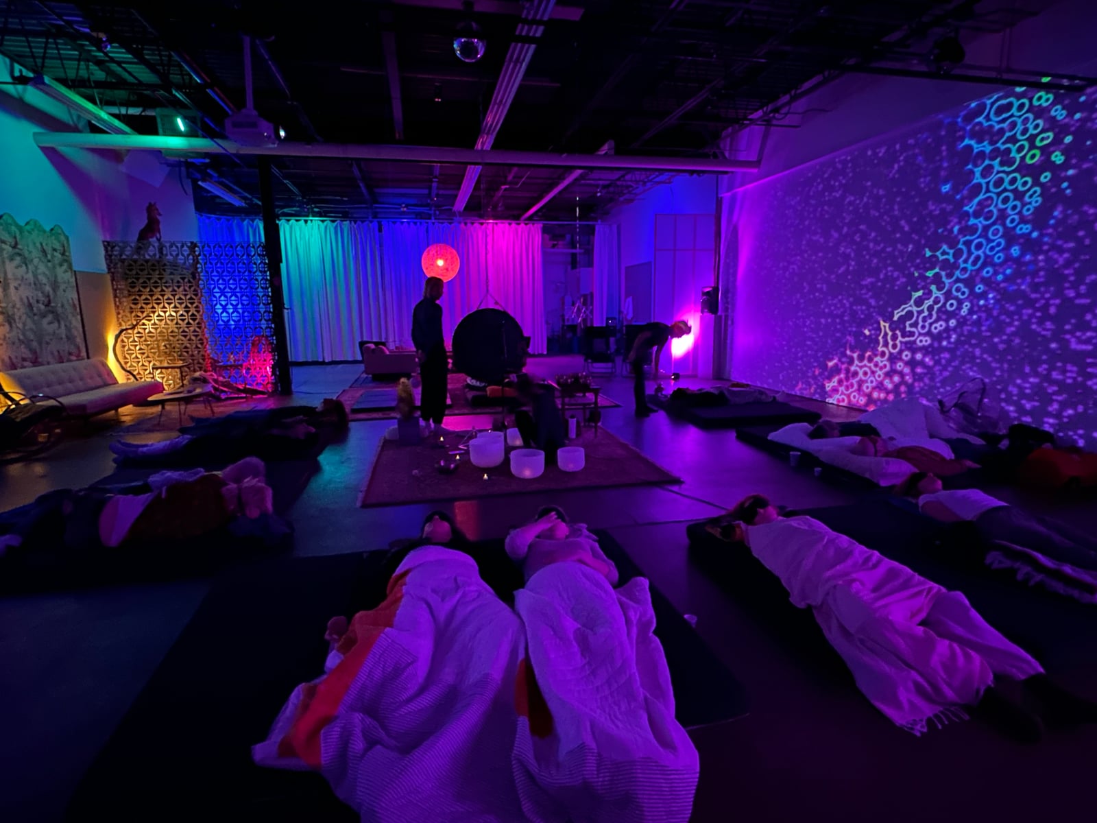 Gong, crystal bowls and projected light in Studio 121